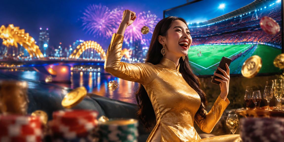 Phụ nữ Đà Nẵng mặc áo dài bên màn hình casino giải trí buổi tối